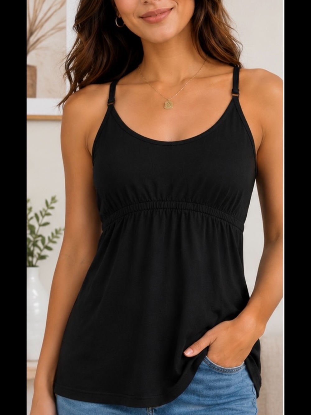 Sz M Lace Racerback Black Tank Top Soft Stretch Cotton Cami Leading Lady